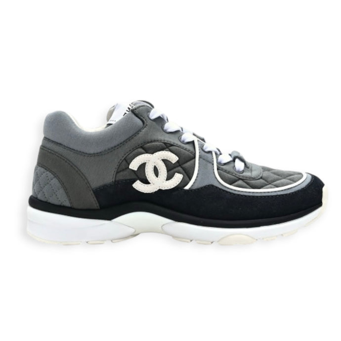 Chanel Shoes, Grey Fabric Suede Calfskin Quilted CC Sneakers (size 38)