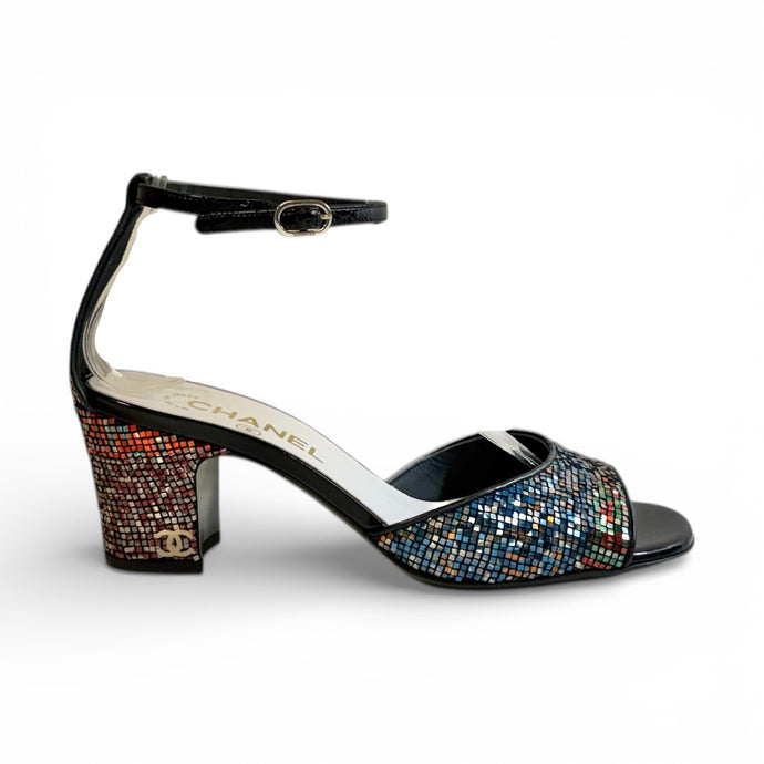 Chanel Shoes, Black Leather Multicolor Mosaic Strap Heels (size 38)