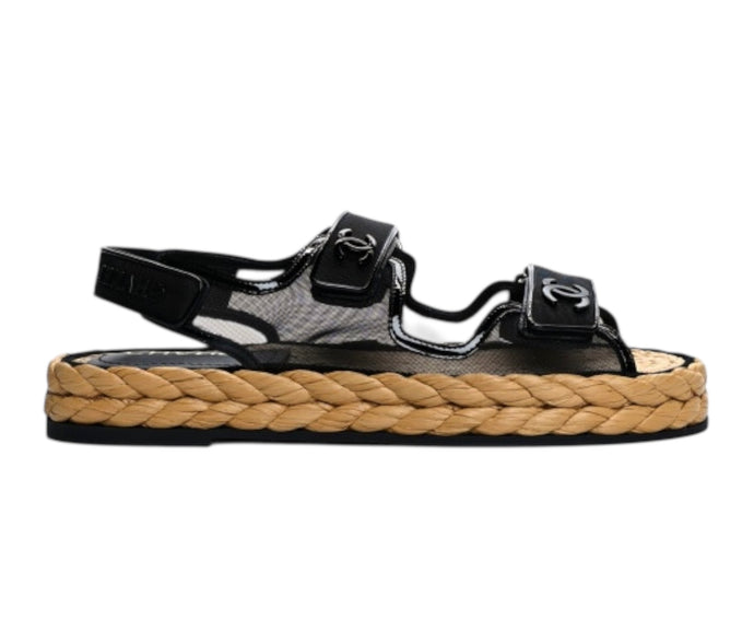 Chanel Bag, Black Mesh Patent Calfskin Velcro Dad Sandals (size 38)