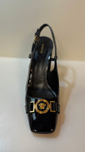 Versace Shoes, Gold Medusa Vernice Black Patent Leather Heels (size 38)