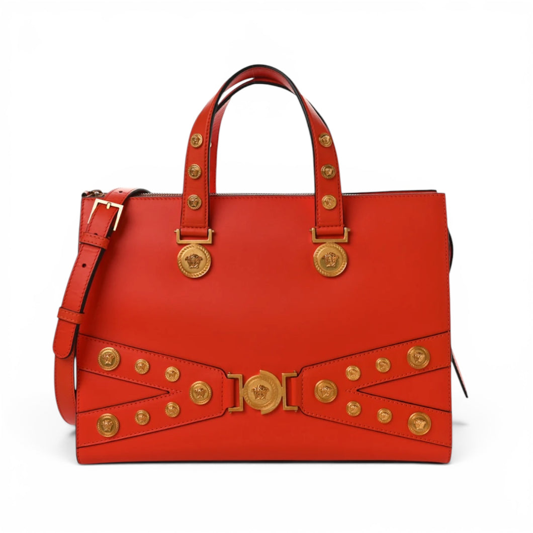 Versace Bag, Orange Calfskin Large Medusa Stud Tribute Tote