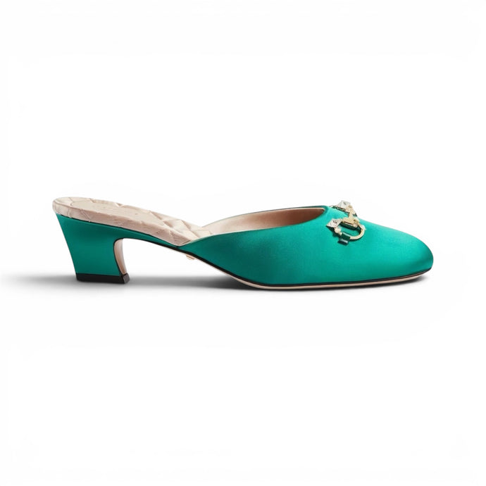 Gucci Shoes, Green Satin Crystal Horsebit Mules (size 37)