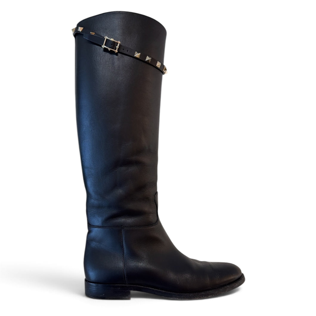 Valentino Shoes, Black Leather Tall Rockstud Boots (size 38.5)