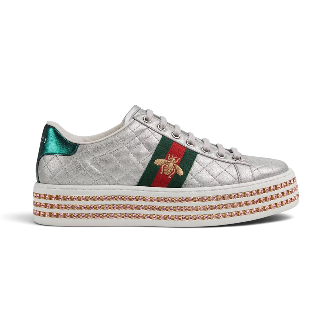 Gucci Shoes, Silver Leather Ace Crystal Sneakers (size 37.5)