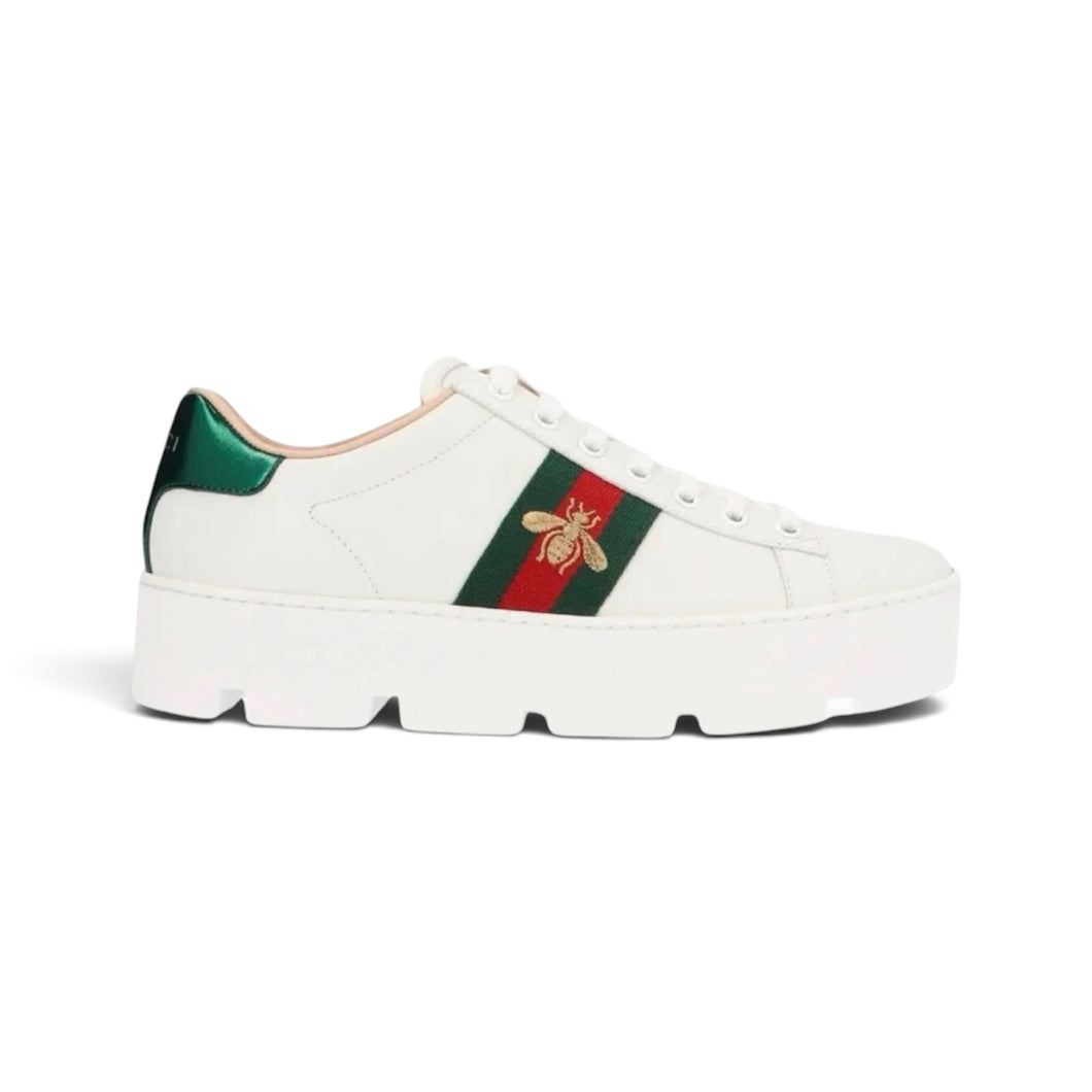Gucci Shoes, White Web Bee Embroidered Womens Ace Platform Sneakers (size 37.5)