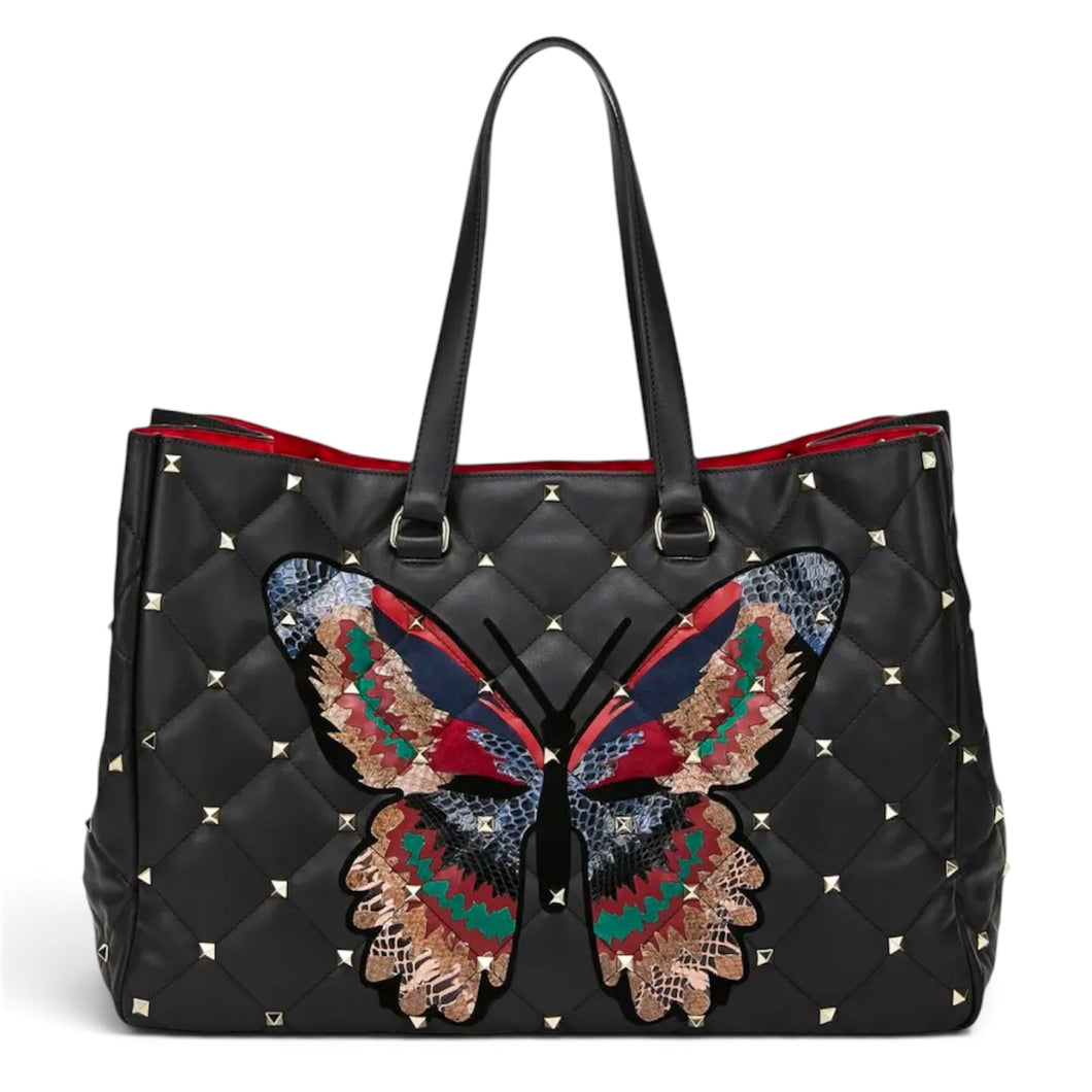 Valentino Bag, Black Boomstud Butterfly Leather/Snakeskin Tote