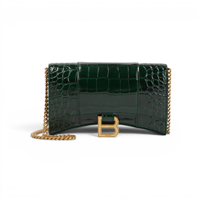 Balenciaga Green Hourglass Croc-Effect Leather Wallet on Chain
