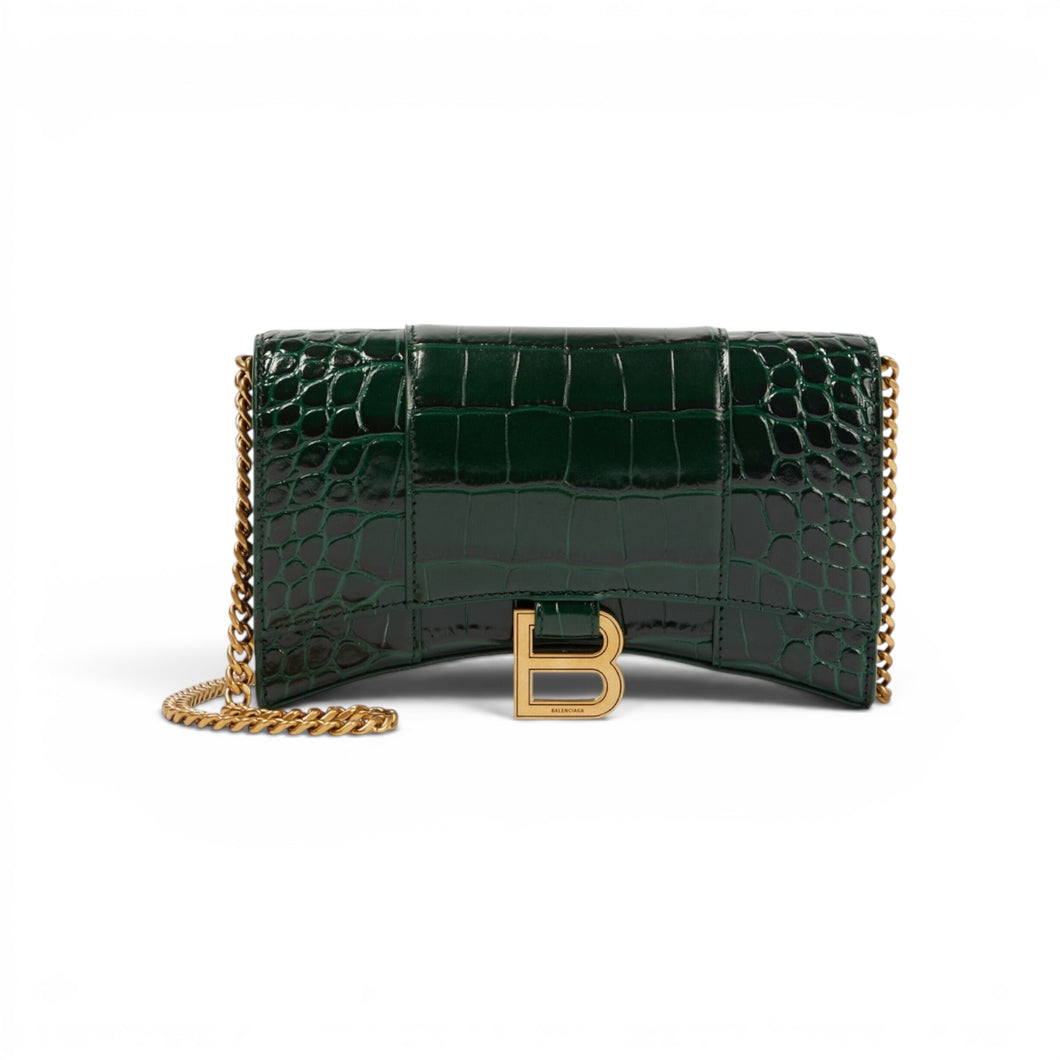 Balenciaga Green Hourglass Croc-Effect Leather Wallet on Chain