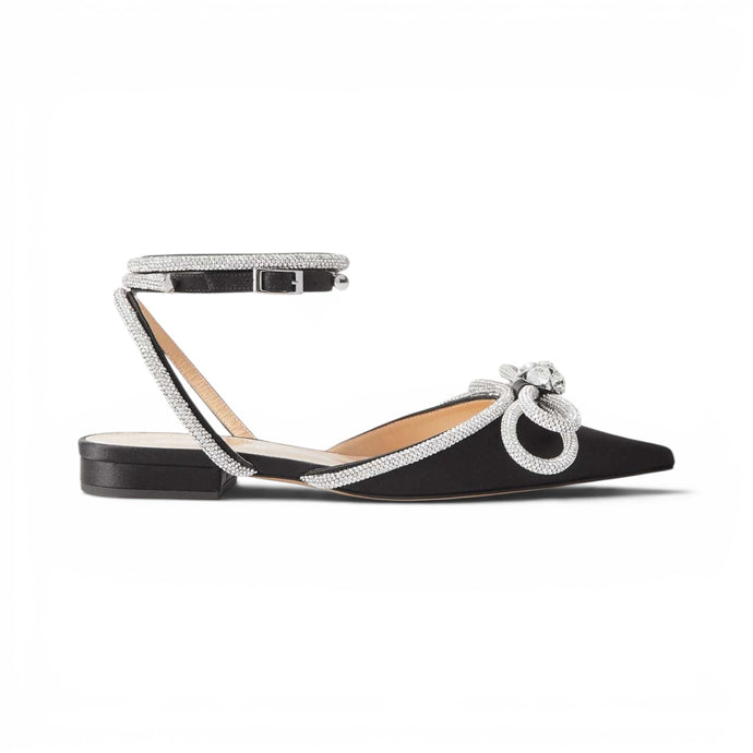 Mach & Mach Shoes, Black Double Bow Satin Point-Toe Flats (size 36)