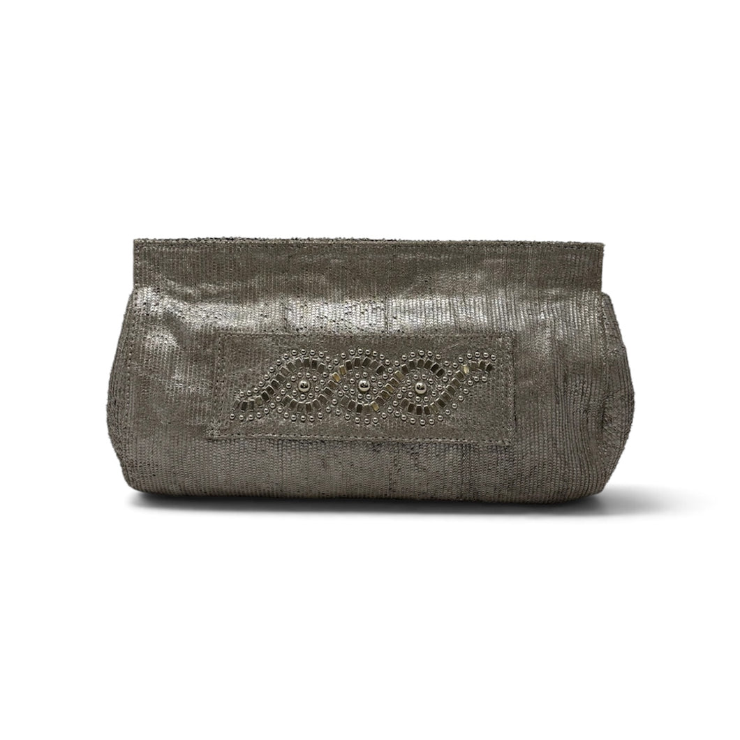 Calleen Cordero Bag, Grey Metallic Hand-Studded Clutch