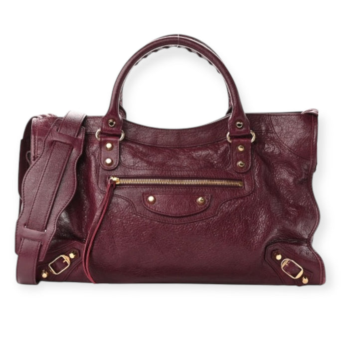 Balenciaga Bag, Burgundy Agneau Classic Gold Hardware City Bag