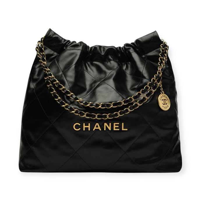 Chanel Bag, Black Shiny Calfskin 22 Hobo Shoulder Bag