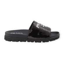 Prada Shoes, Black Sequin Logo Slides (37.5)