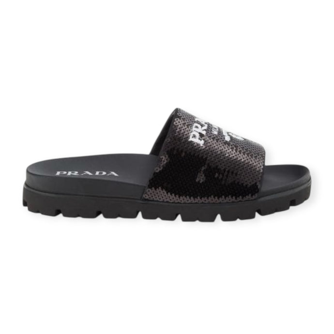 Prada Shoes, Black Sequin Logo Slides (37.5)