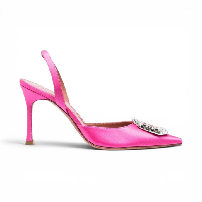 Amina Muaddi Shoes, Pink Leather Camelia Sling Pumps (size 38)
