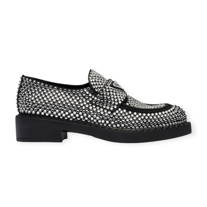 Prada Shoes, Black Satin Crystal Metal Triangle Logo 50mm Loafers (size 41)