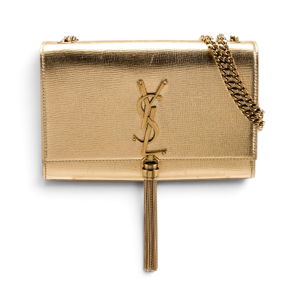 Saint Laurent Bag, Gold Metallic Leather Classic Monogram Tassel Small Flap Kate Bag