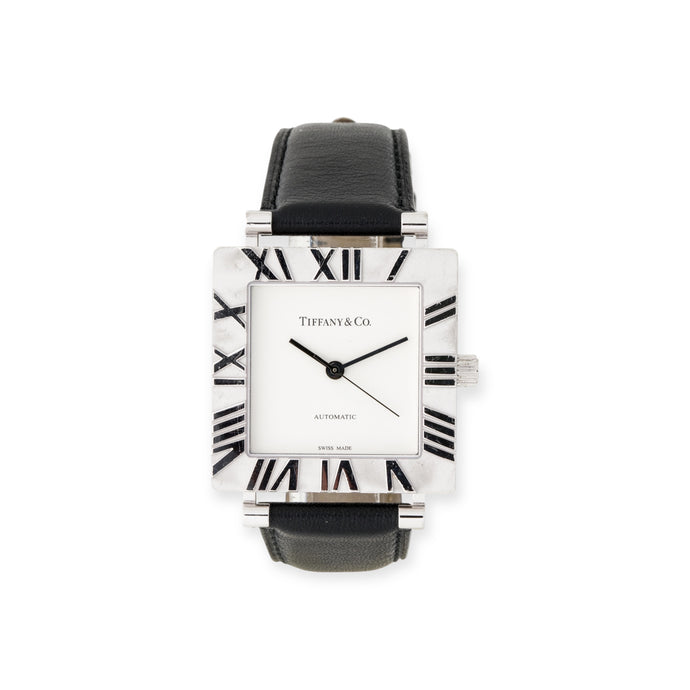 Tiffany & Co Sterling Silver Calfskin 34mm Atlas Square Automatic Watch