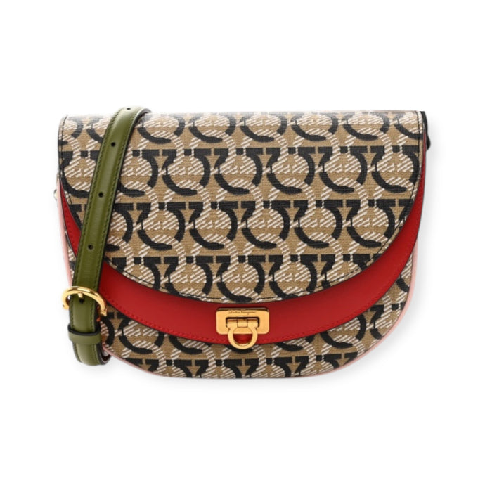 Ferragamo Bag, Multicolor Canvas Calfskin Gancini Saddle Crossbody