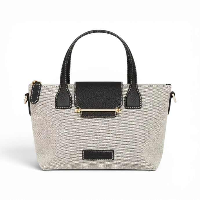 Strathberry Bag, Grey Canvas & Black Leather Mini Tote