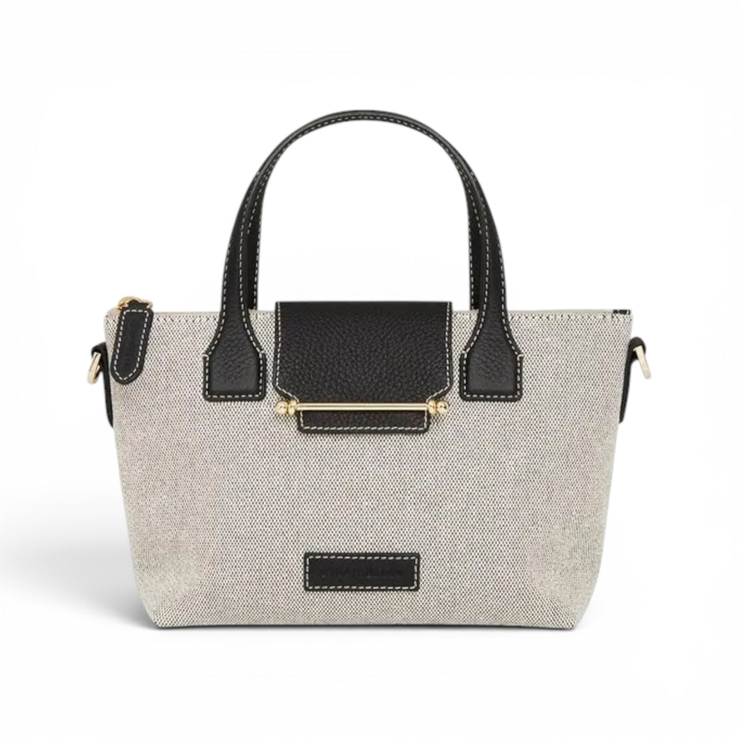 Strathberry Bag, Grey Canvas & Black Leather Mini Tote