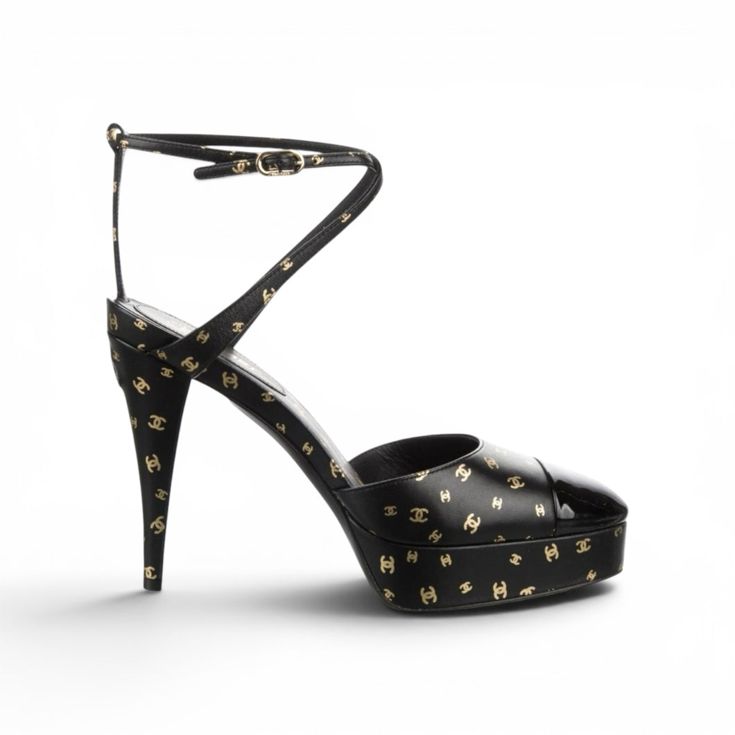 Chanel Shoes, Black Printed Lambskin Patent Calfskin Cap Toe CC Slingbacks (size 39)