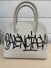 Balenciaga Bag, White Leather Graffiti Logo Print Ville Top Handle Bag