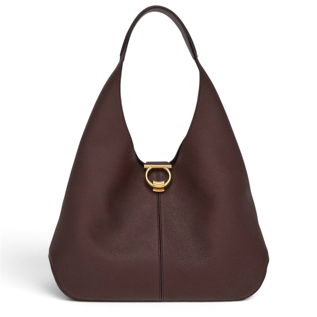 Ferragamo Bag, Dark Chocolate Brown Margot Gancini Leather Hobo Bag
