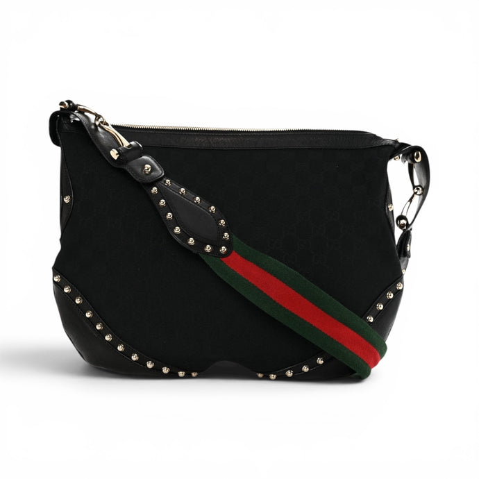 Gucci Bag, Black Monogram Canvas Pelham Studded Shoulder Bag