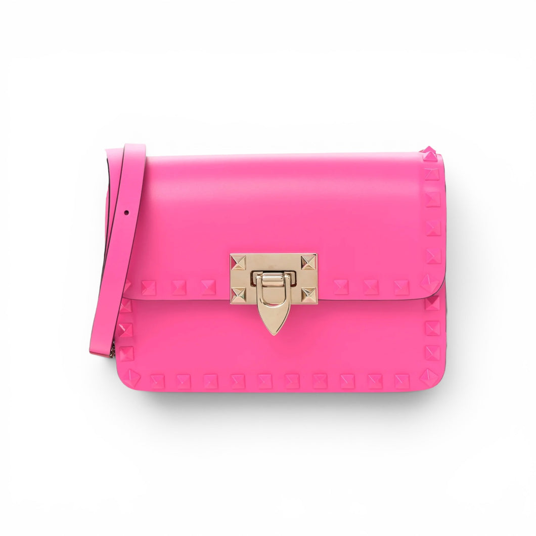 Valentino Bag, Hot Pink Smooth Calfskin Enamel Tonal Small Rockstud23 Shoulder Bag