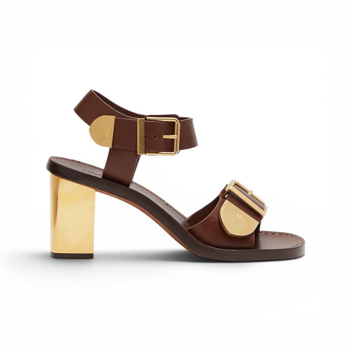 Chloé Shoes, Brown Leather Gold Buckle Heel Sandals (size 36.5)
