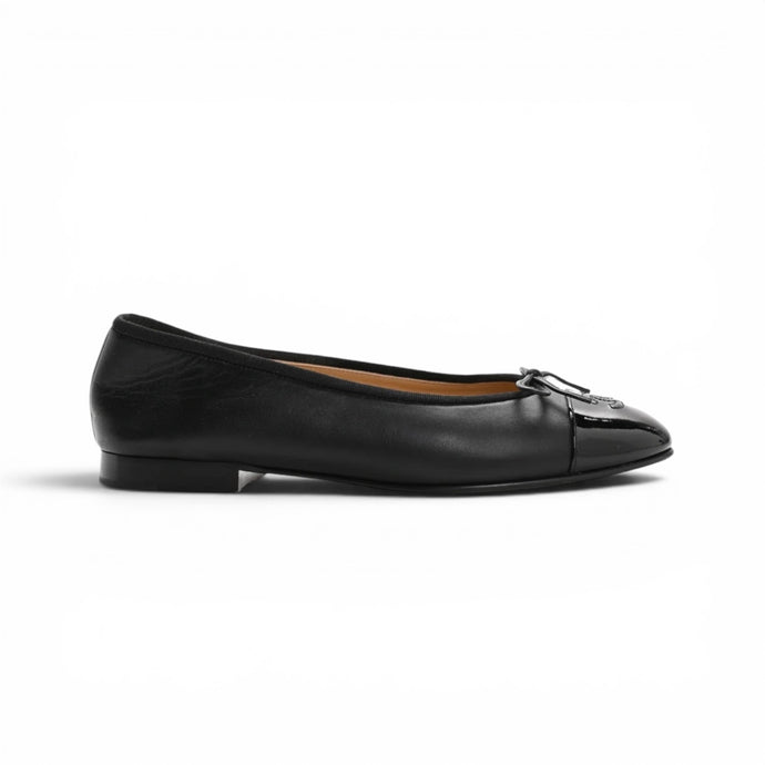 Chanel Shoes, Black Lambskin Patent Cap Toe Ballerina Flats (size 37)