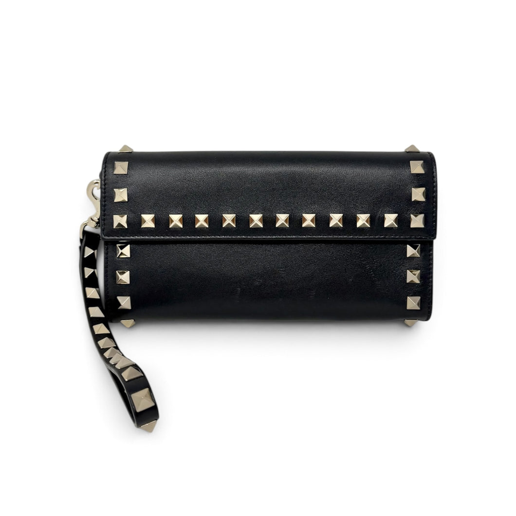 Valentino Black Leather Rockstud Wristlet Wallet