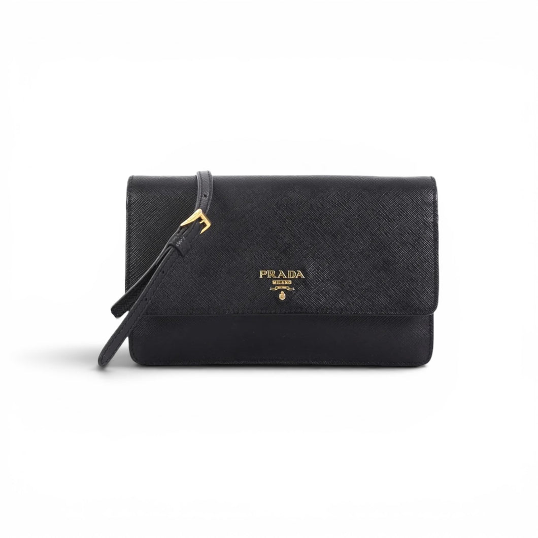 Prada Bag, Black Saffiano Leather Small Wallet on Strap