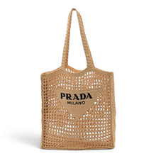 Prada Bag, Yarn Raffia Effect Crochet Logo Embroidered Tote Bag