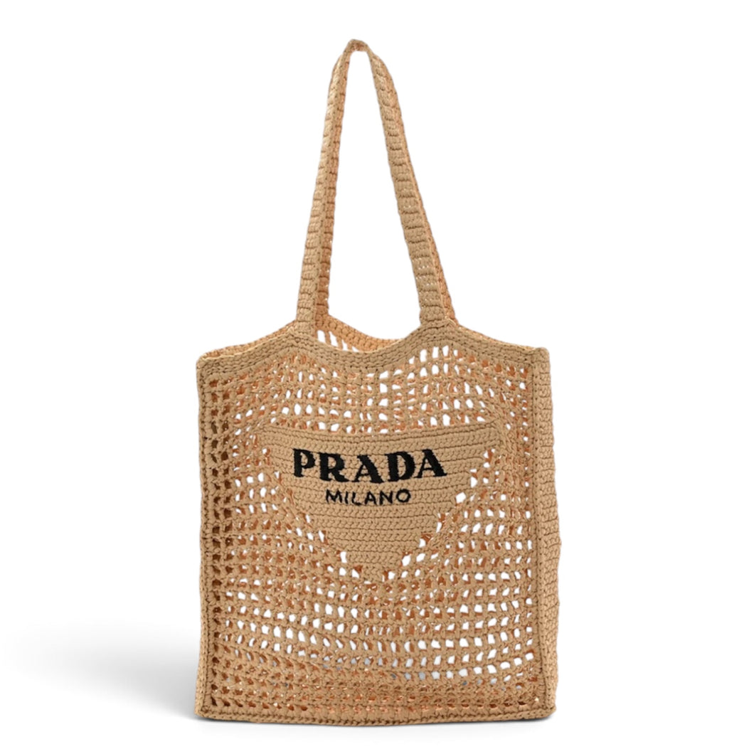 Prada Bag, Yarn Raffia Effect Crochet Logo Embroidered Tote Bag