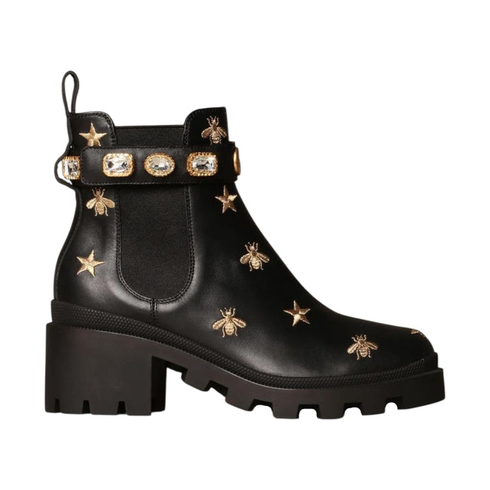 Gucci Shoes, Black Calfskin Bee Star Embroidered Belt Ankle Boots (size 36.5)