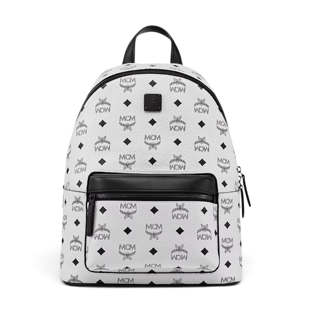 MCM Bag, White Leather Stark Visetos Monogram Small Backpack