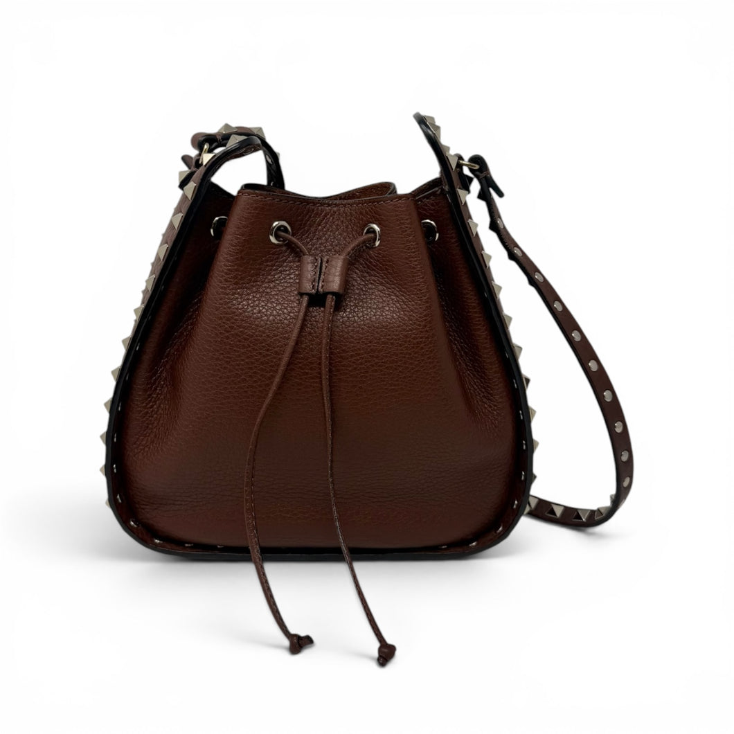 Valentino Bag, Brown Grained Calfskin Rockstud Bucket Bag