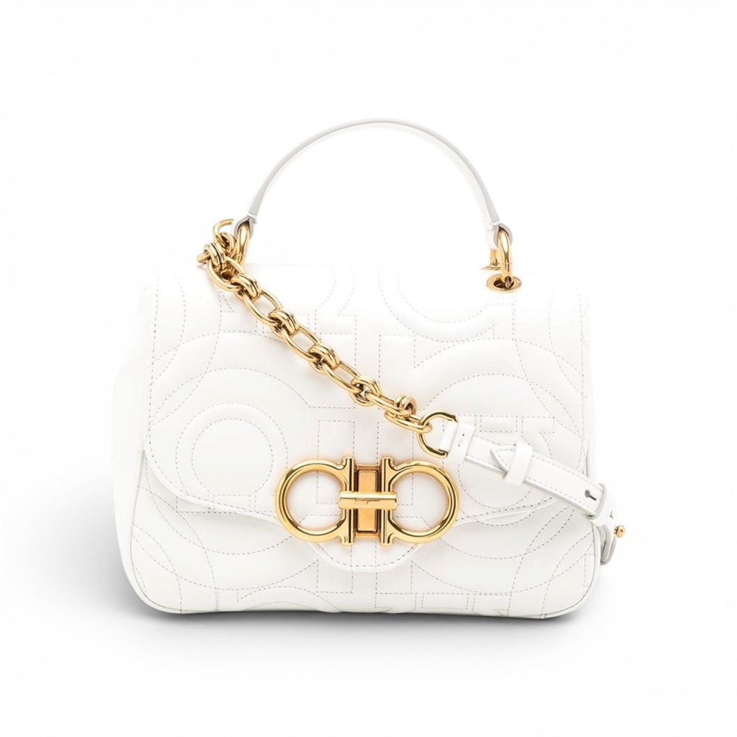 Ferragamo Bag, White Leather Gancini Quilted Bag