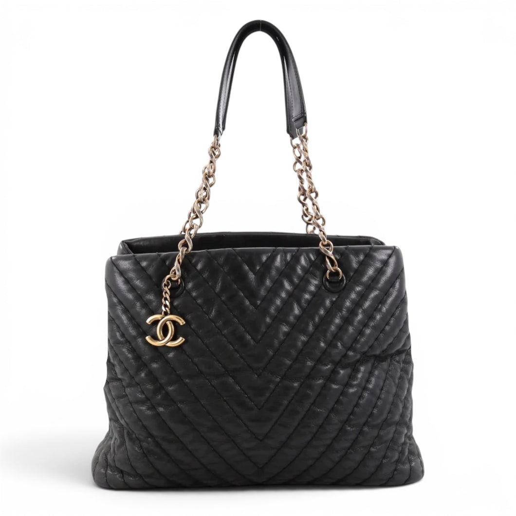 Chanel Bag, 2011 Black Chevron Calfskin Surpique CC Charm Tote