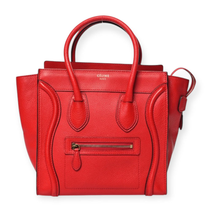 Celine Bag, Red Drummed Calfskin Leather Micro Luggage Tote