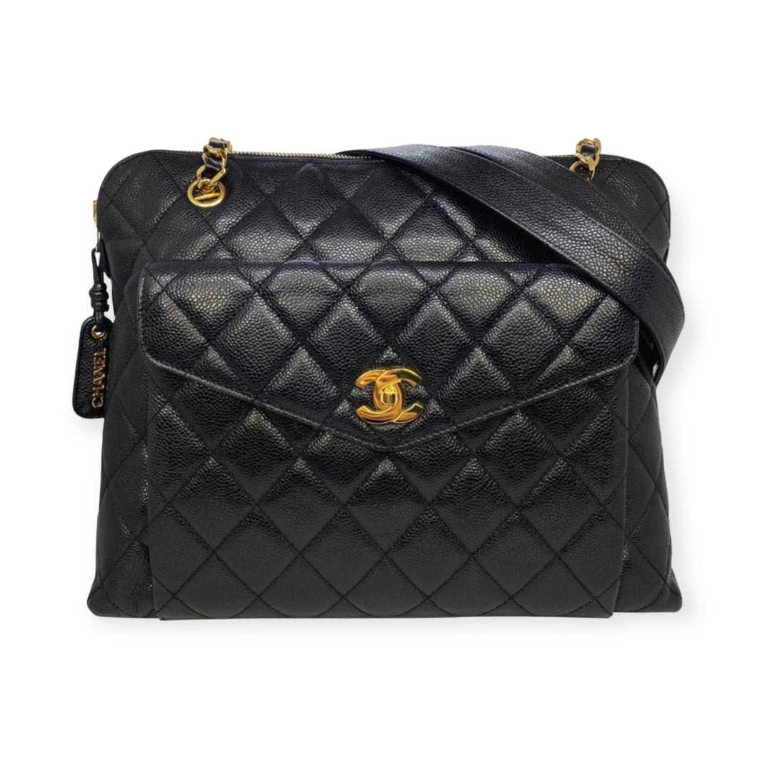Chanel Bag, Black Caviar Leather Front Pocket Shoulder Bag