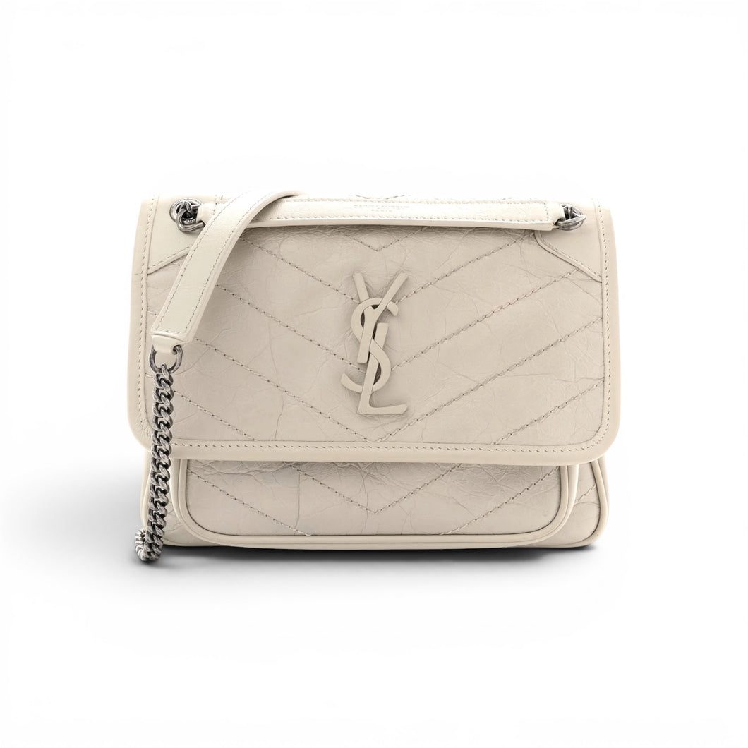 Saint Laurent Bag, Ivory Crinkled Calfskin Matelasse Monogram Baby Niki Chain Satchel