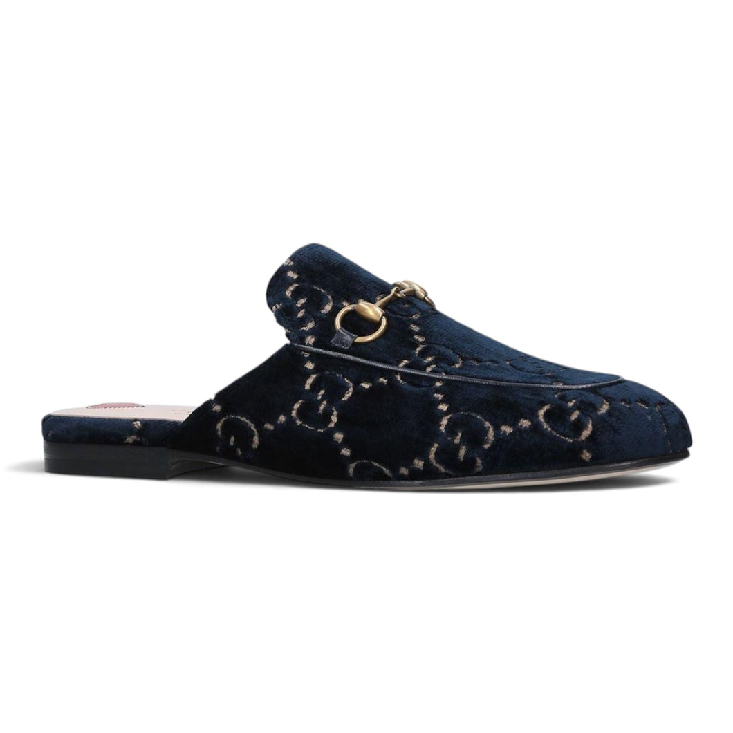 Gucci Bag, Blue/Gold GG Velvet Princetown Flat Mules (size 40)