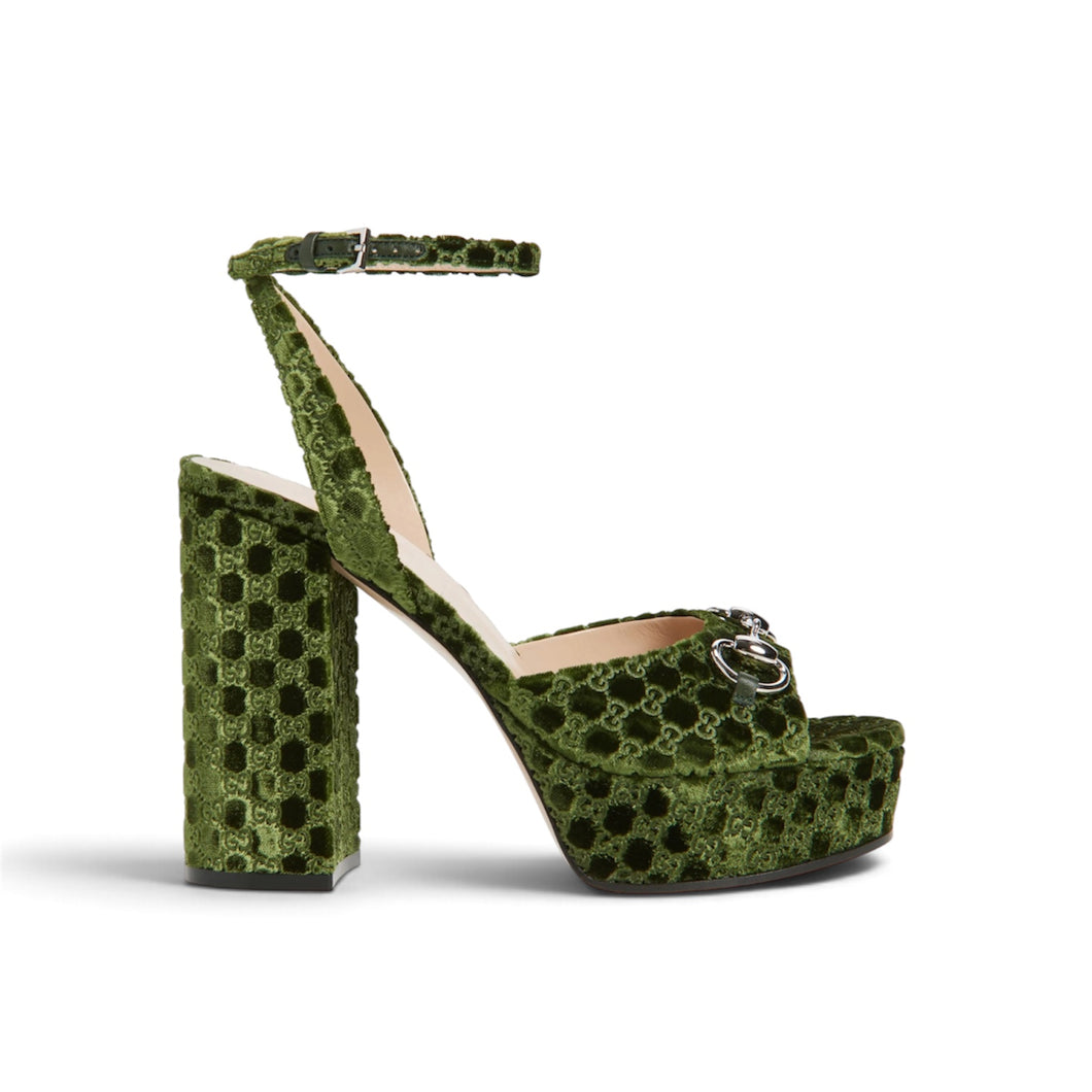 Gucci Shoes, Green Velvet Horsebit Platform Sandals (size 37.5)