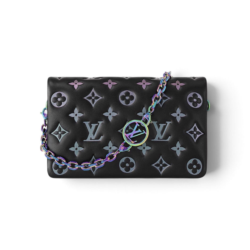 Louis Vuitton Bag, Black Monogram Embossed Lambskin Leather Pochette Coussin Chain Bag