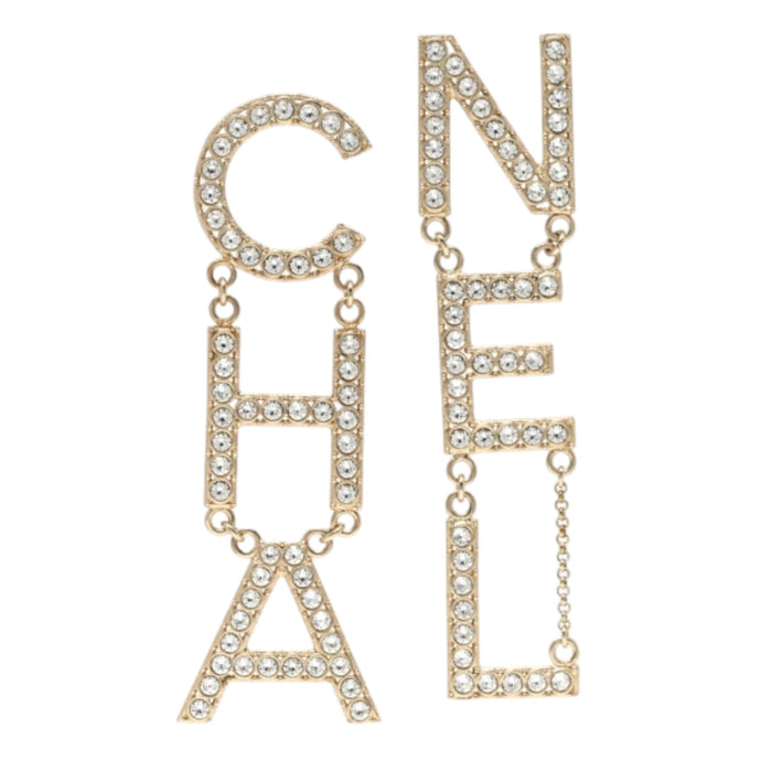 Chanel Gold & Strass CHA-NEL Diamantes Letter Drop Earrings