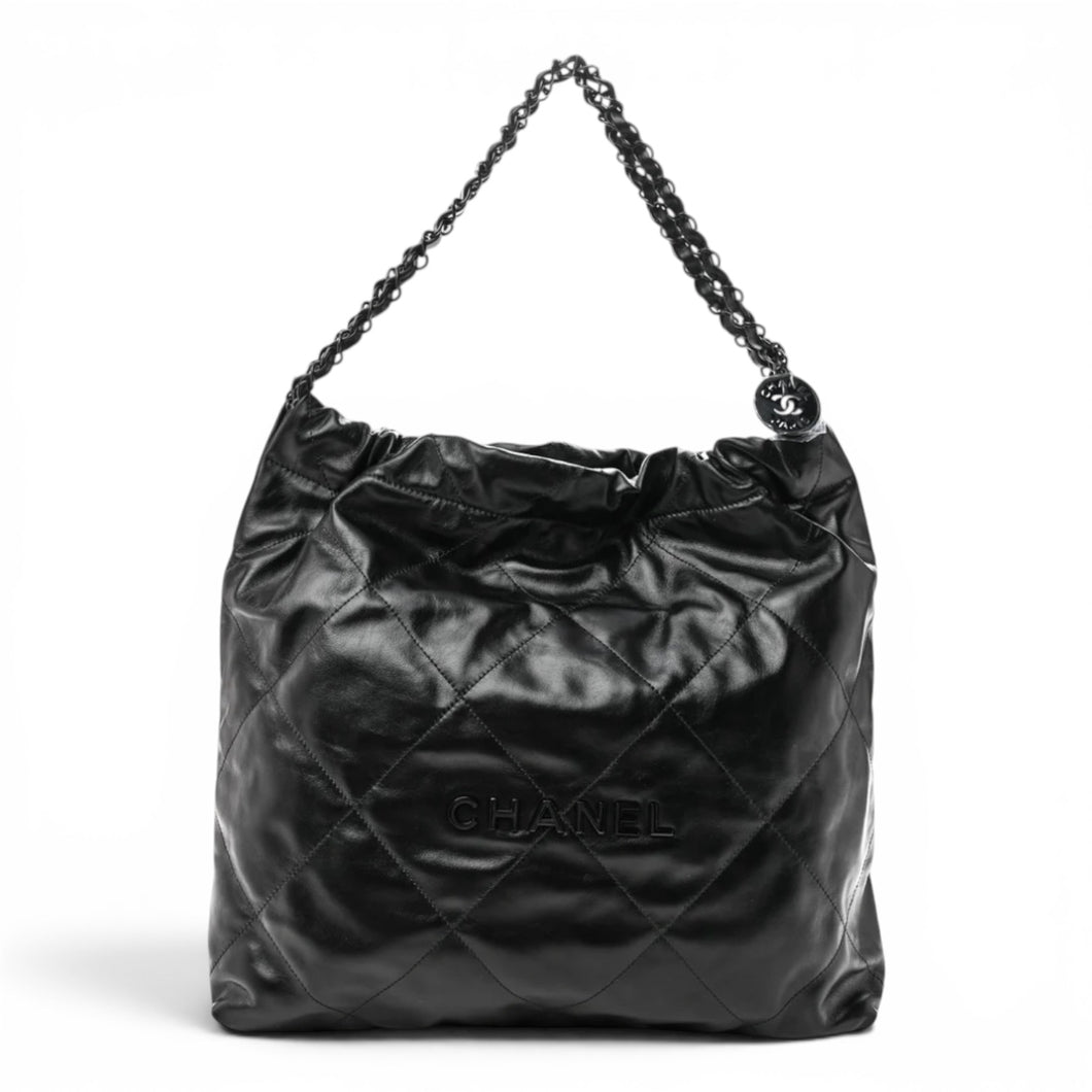 Chanel Bag, 2022 Black on Black Shiny Calfskin Quilted Chanel 22 Hobo Bag