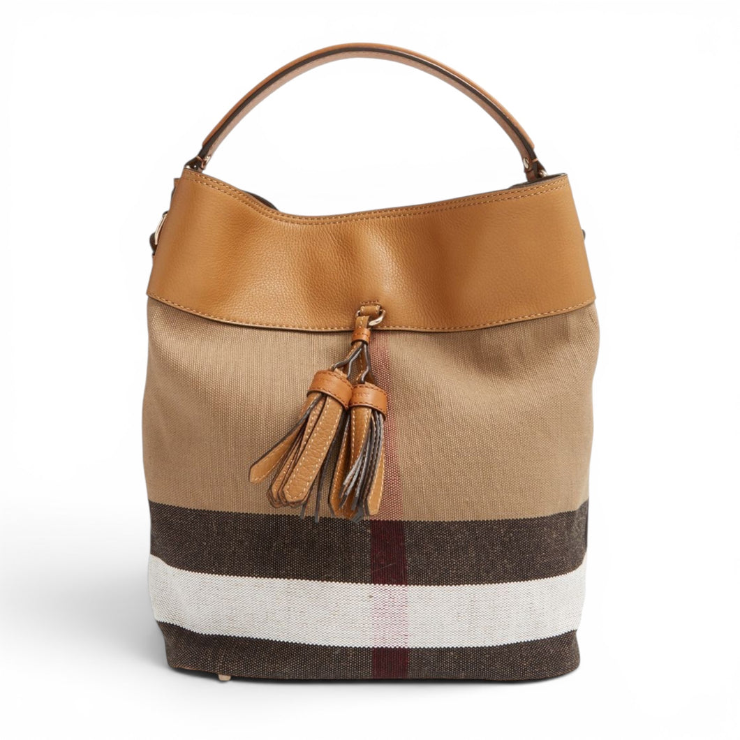 Burberry Bag, Brown Check Canvas Ashby Tassel Bucket Bag